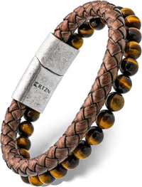 Load image into Gallery viewer, Brown Braided Leather &amp; Tiger Eye Bead Bracelet