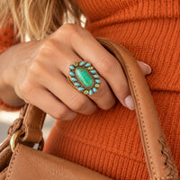 Load image into Gallery viewer, Legacy Lime Green and Blue Turquoise Golden Statement Ring
