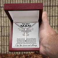 Load image into Gallery viewer, Personalized Steel Cross Necklace on Cuban Chain For Husband w/ MC
