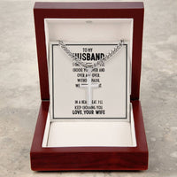 Load image into Gallery viewer, Artisan Cross Necklace on Cuban Chain For Husband w/ MC
