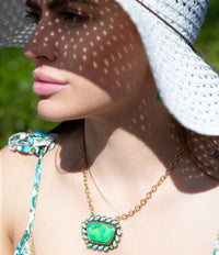 Load image into Gallery viewer, Legacy Lime Green and Blue Turquoise Golden Pendant Necklace
