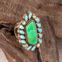 Load image into Gallery viewer, Legacy Lime Green and Blue Turquoise Golden Statement Ring
